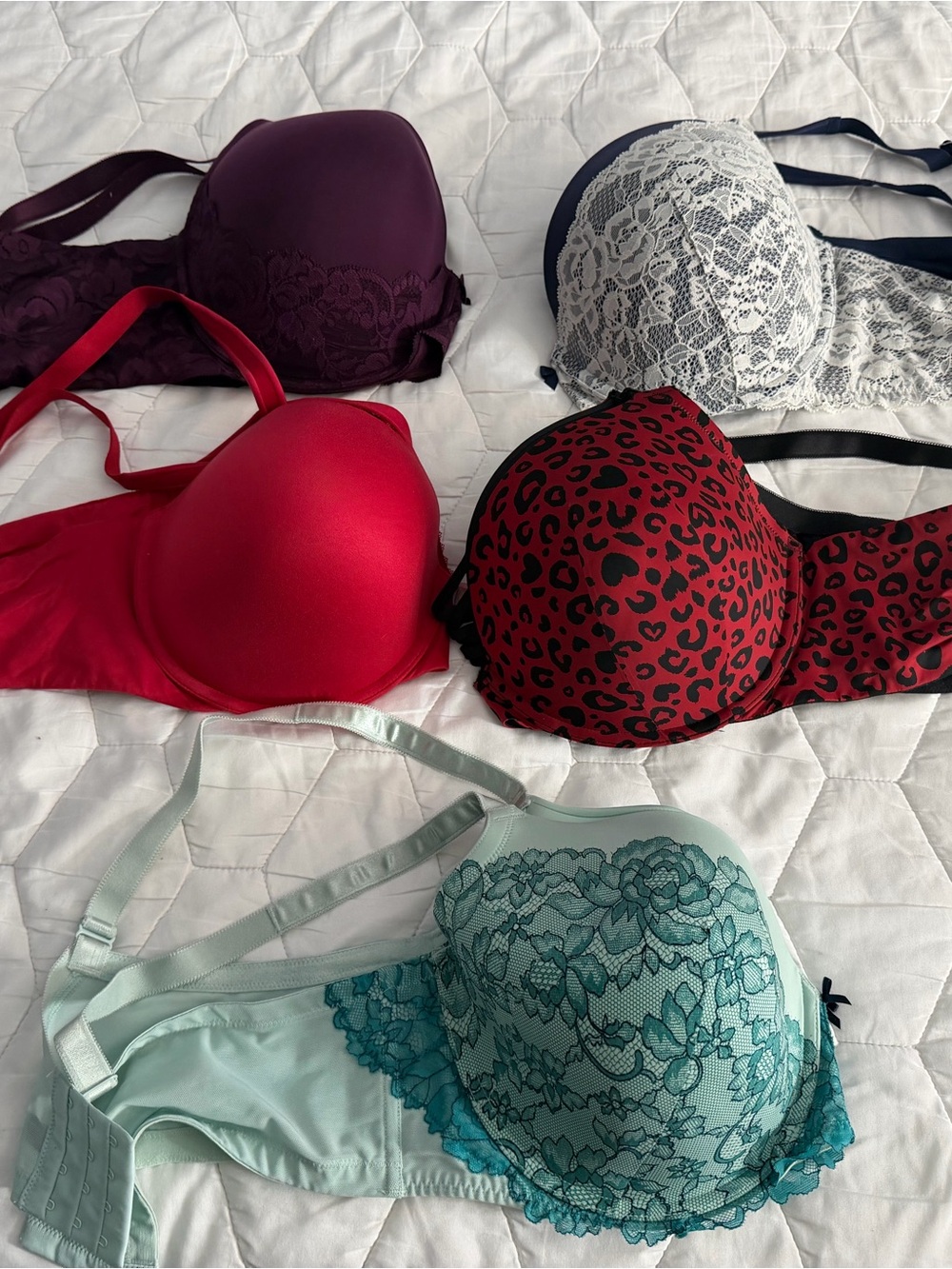 Women’s Lace Push-Up Bra in Red, Burgundy, White, Teal & Mint - Unbranded Set